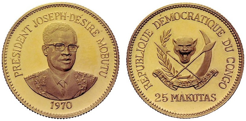 Zaire: 1970 25 Makutas, Gold Proof